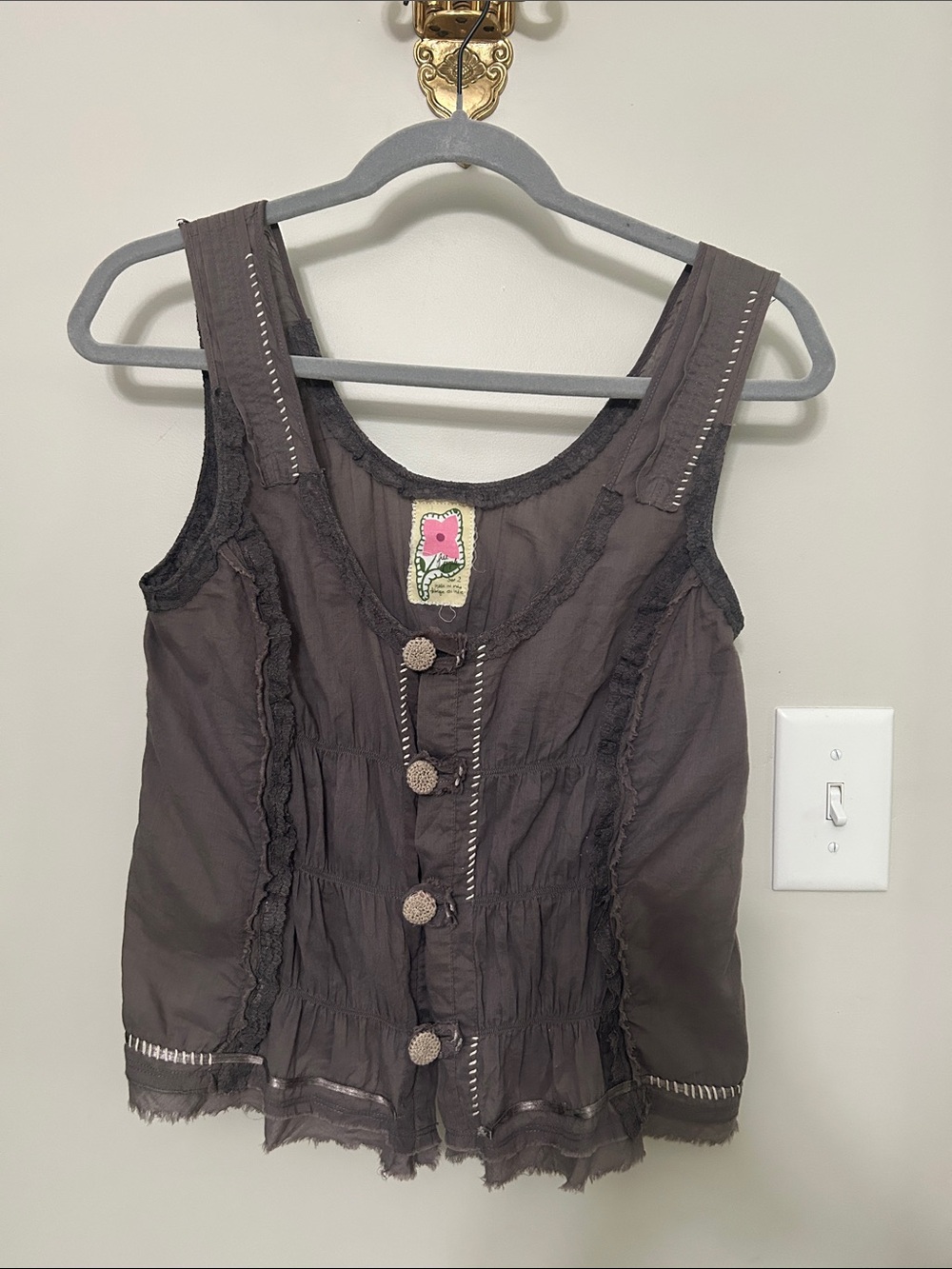 Vintage Free People Charcoal Ruffle Button-Front Shirt